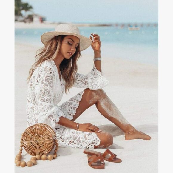 Lace Hollow Crochet Bikini Cover-ups Floral Beach Dress Beachwear Bathing Suit - Picture 1 of 6